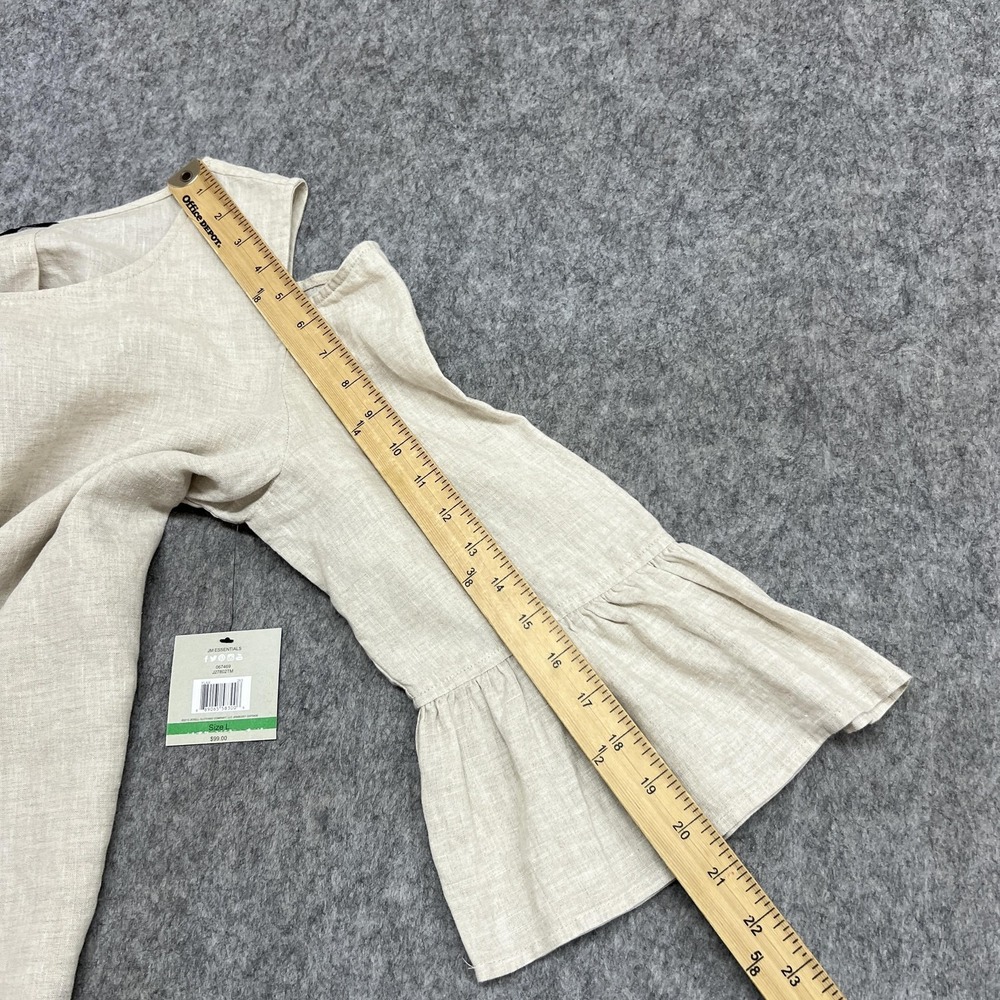 John Mark Blouse Womens L Beige Linen Cold Shoulder 3/4 Bell Sleeve Tunic Top - Picture 15 of 16